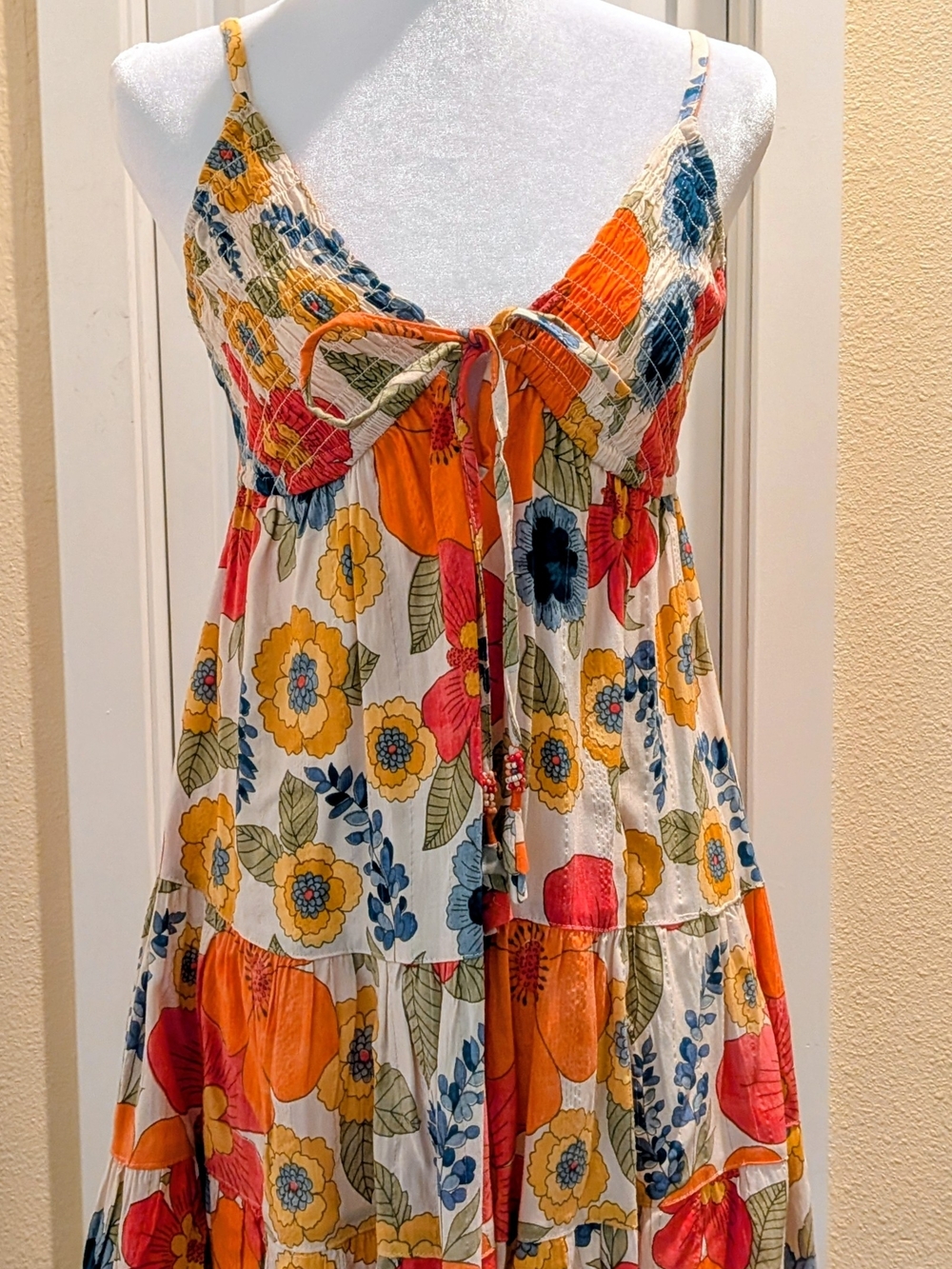 Angie Multicolor Floral Smocked Sundress – White, Orange, Yellow, Blue, Green